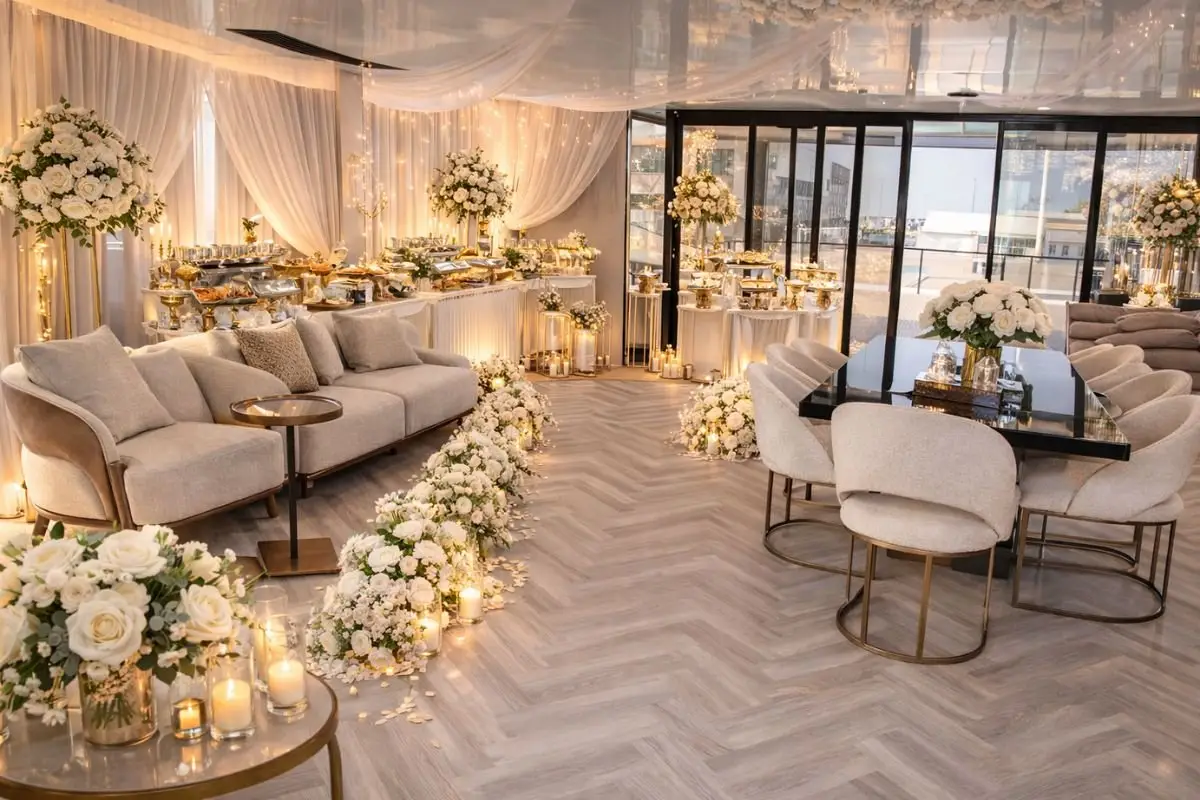 Indoor saloon of the Miss Kim House Boat dressed with white flowers, candles, draped fabric and a buffet by the windows