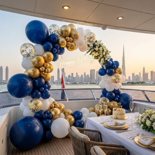 Luxury floral and balloon decoration on yacht in Abu Dhabi
