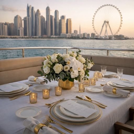 Table setting for yacht wedding celebration in Abu Dhabi