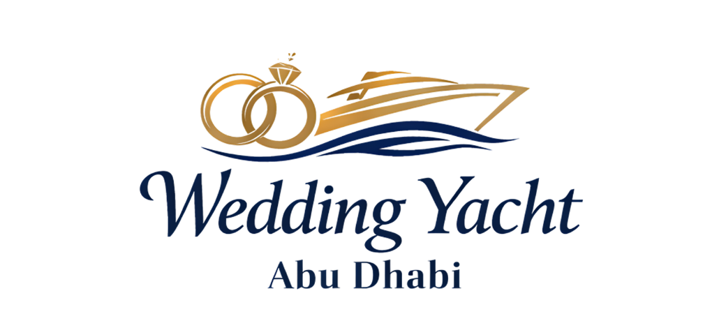 Luxury gold and navy blue wedding yacht logo in Abu Dhabi featuring a motor yacht and intertwined wedding rings inside a laurel wreath.